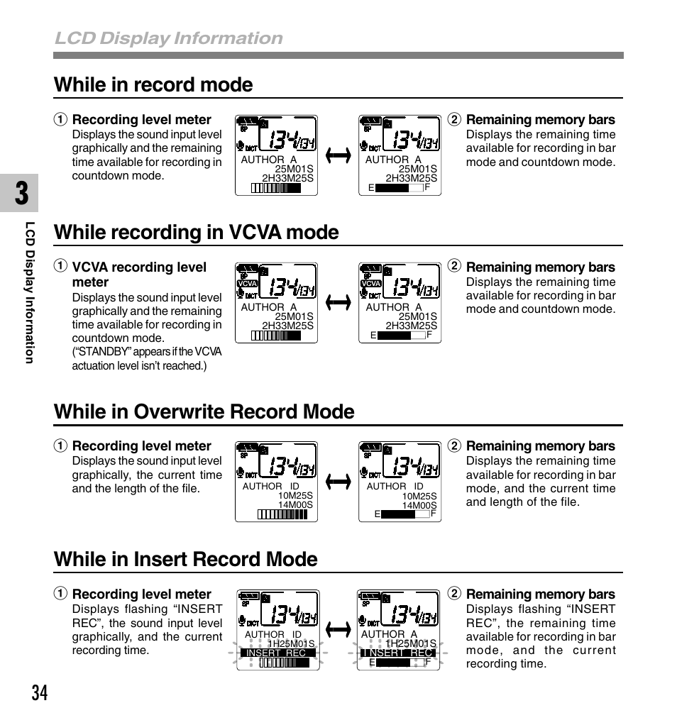 While in record mode, While recording in vcva mode, While in overwrite record mode | While in insert record mode, Lcd display information | Olympus DS-2300 User Manual | Page 34 / 86