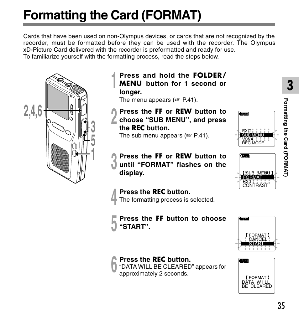 Formatting the card (format) | Olympus DS-2300 User Manual | Page 35 / 86