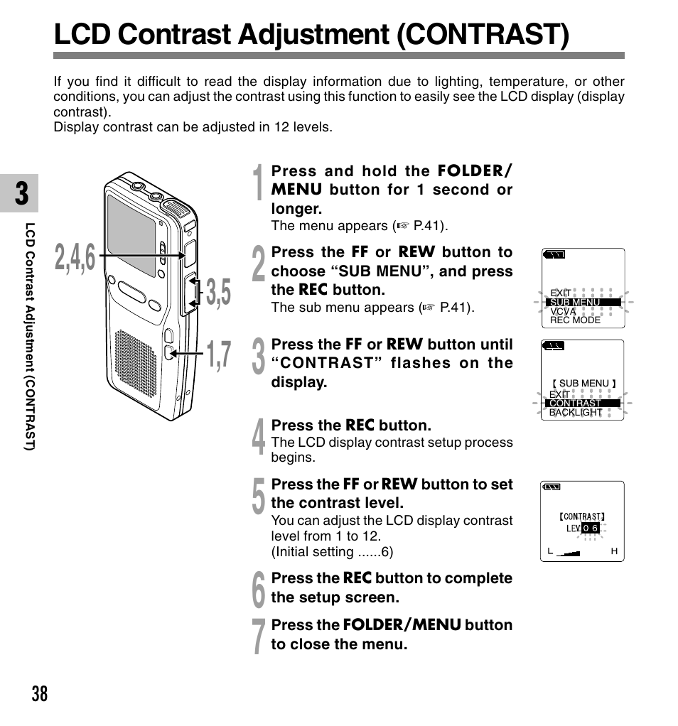 Lcd contrast adjustment (contrast) | Olympus DS-2300 User Manual | Page 38 / 86