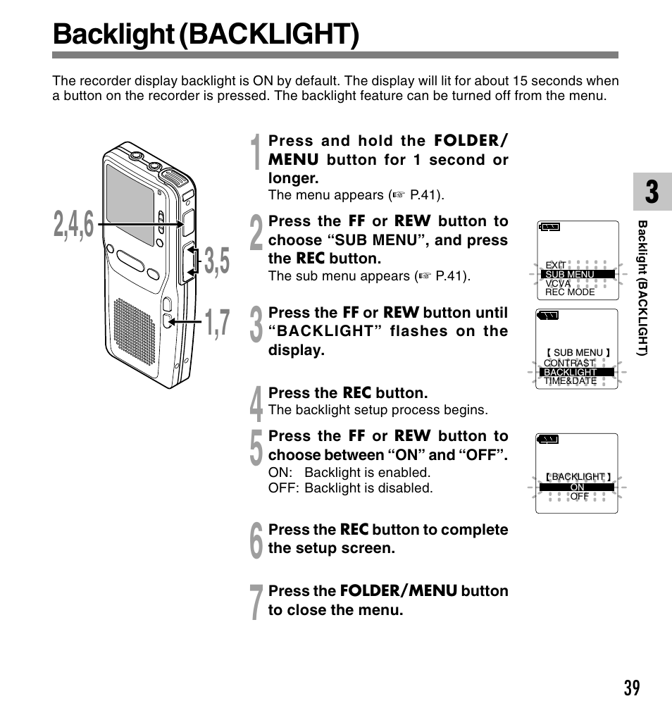 Backlight (backlight) | Olympus DS-2300 User Manual | Page 39 / 86