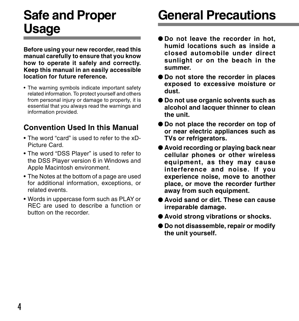 Safe and proper usage, General precautions | Olympus DS-2300 User Manual | Page 4 / 86