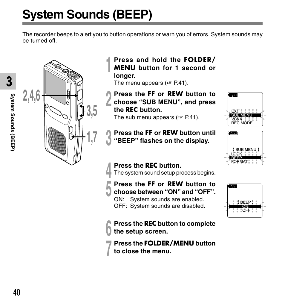 System sounds (beep) | Olympus DS-2300 User Manual | Page 40 / 86