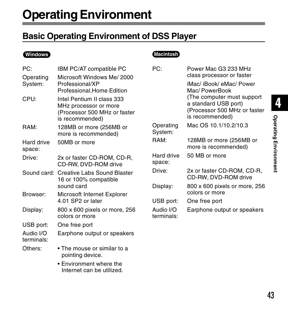 Operating environment, Basic operating environment of dss player | Olympus DS-2300 User Manual | Page 43 / 86