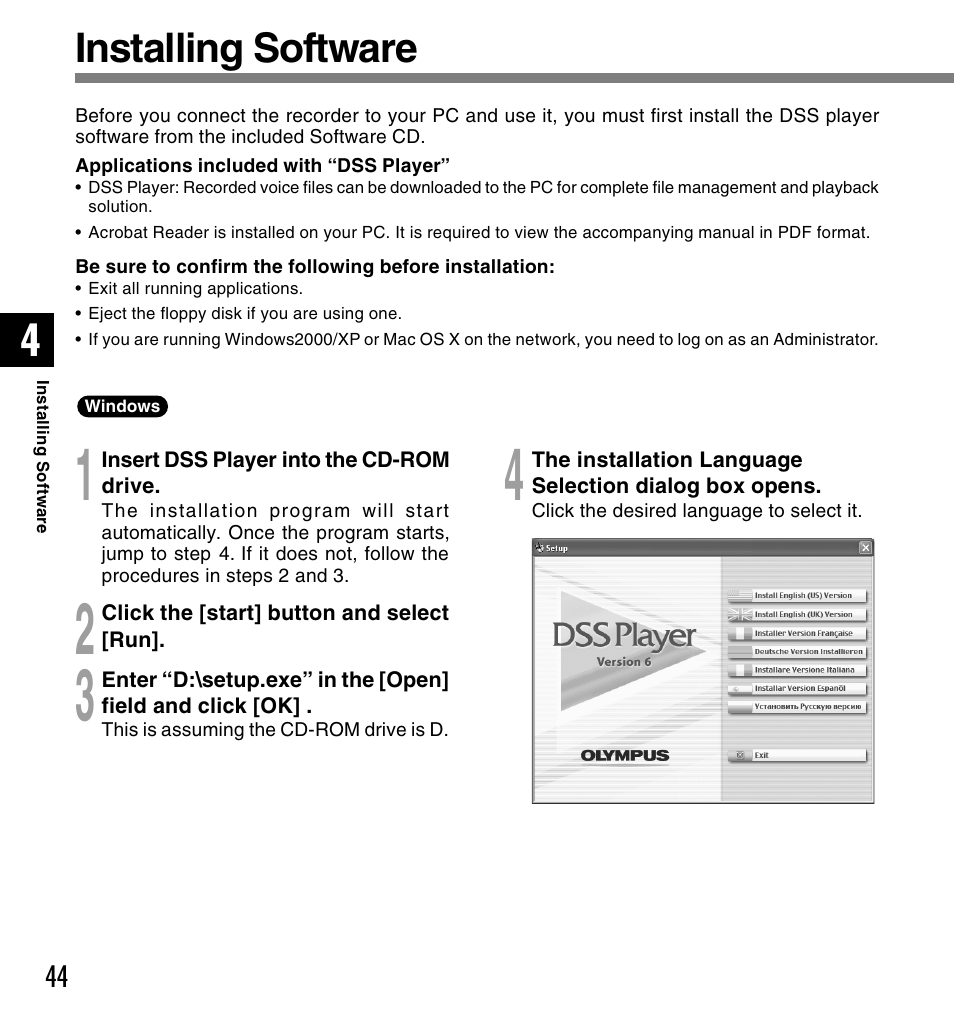 Installing software | Olympus DS-2300 User Manual | Page 44 / 86