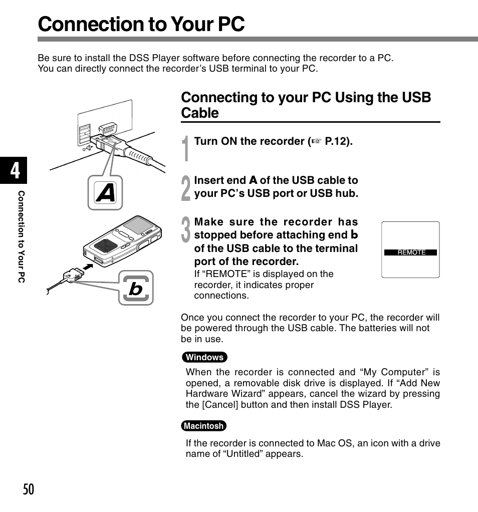 Connection to your pc | Olympus DS-2300 User Manual | Page 50 / 86