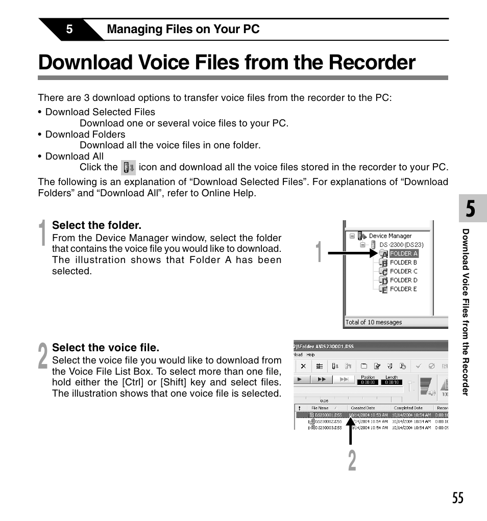 Download voice files from the recorder | Olympus DS-2300 User Manual | Page 55 / 86