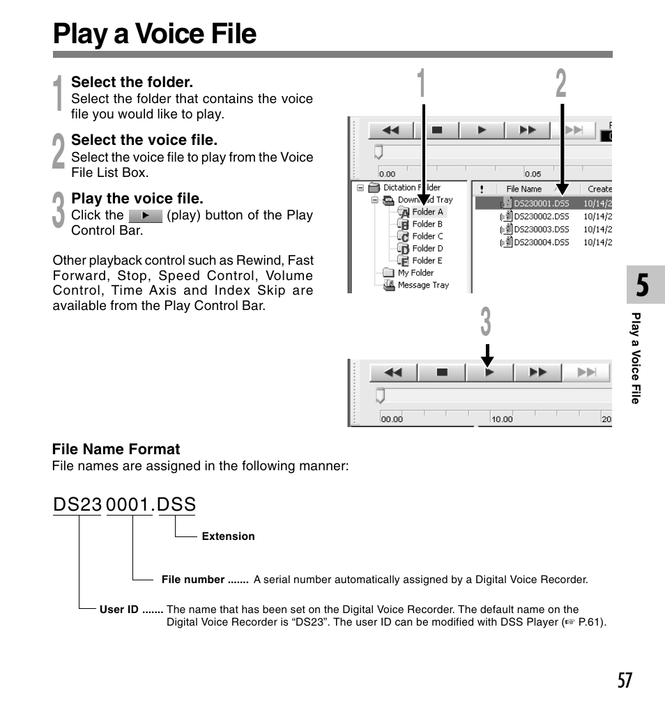 Play a voice file | Olympus DS-2300 User Manual | Page 57 / 86