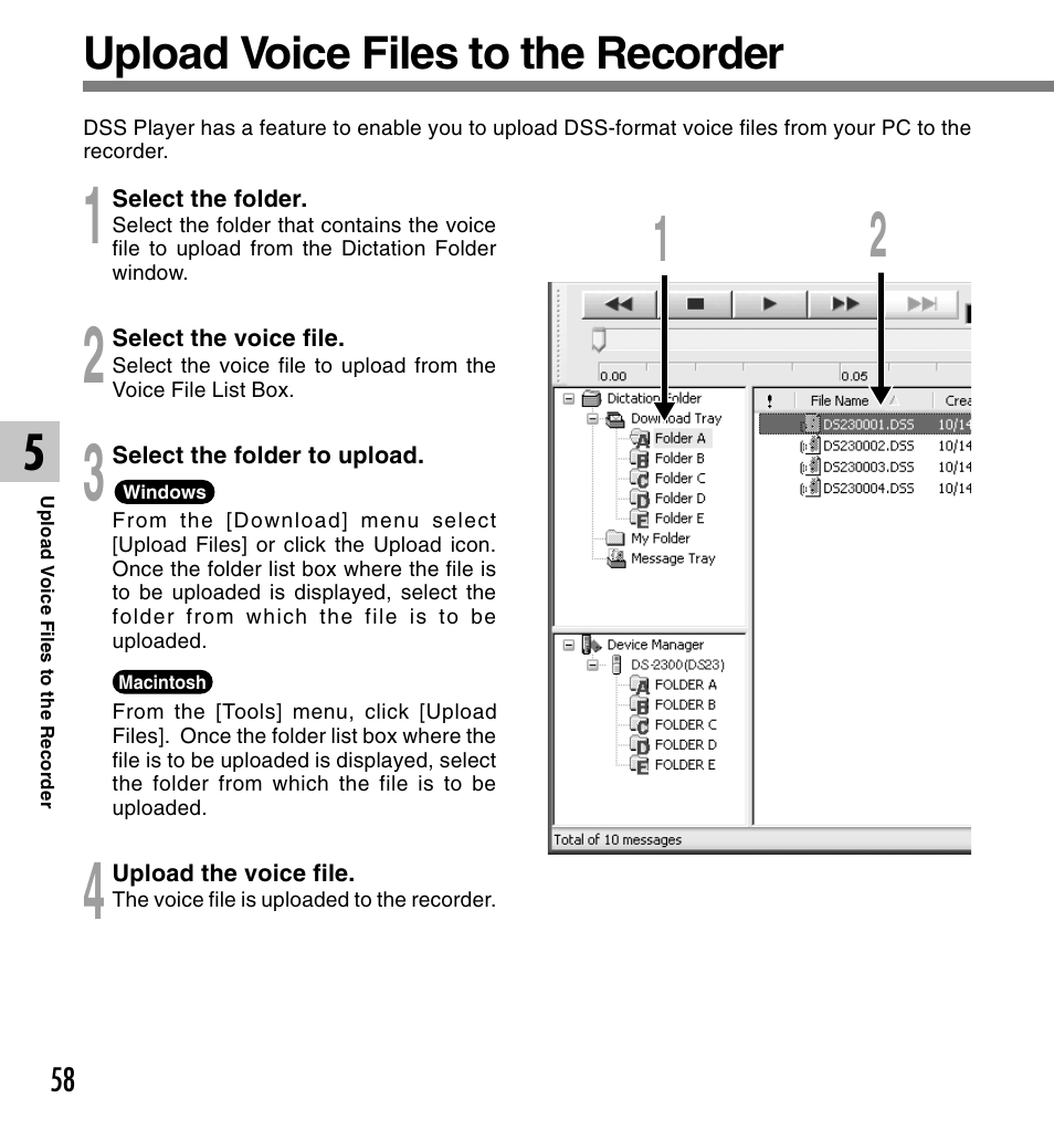 Upload voice files to the recorder | Olympus DS-2300 User Manual | Page 58 / 86