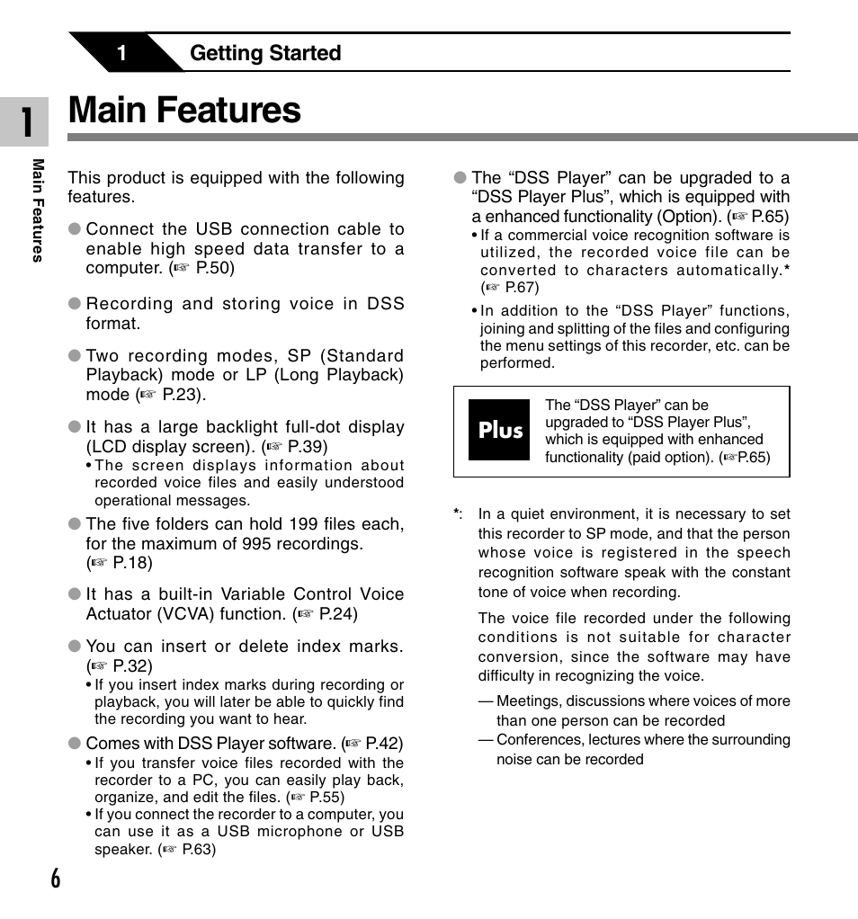 Main features, 1getting started, Plus | Olympus DS-2300 User Manual | Page 6 / 86