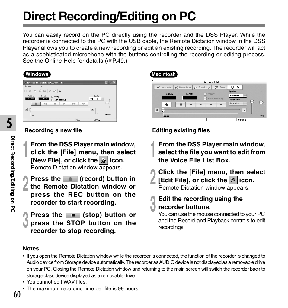 Direct recording/editing on pc | Olympus DS-2300 User Manual | Page 60 / 86