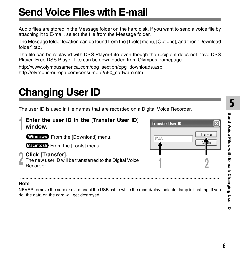 Send voice files with e-mail, Changing user id | Olympus DS-2300 User Manual | Page 61 / 86