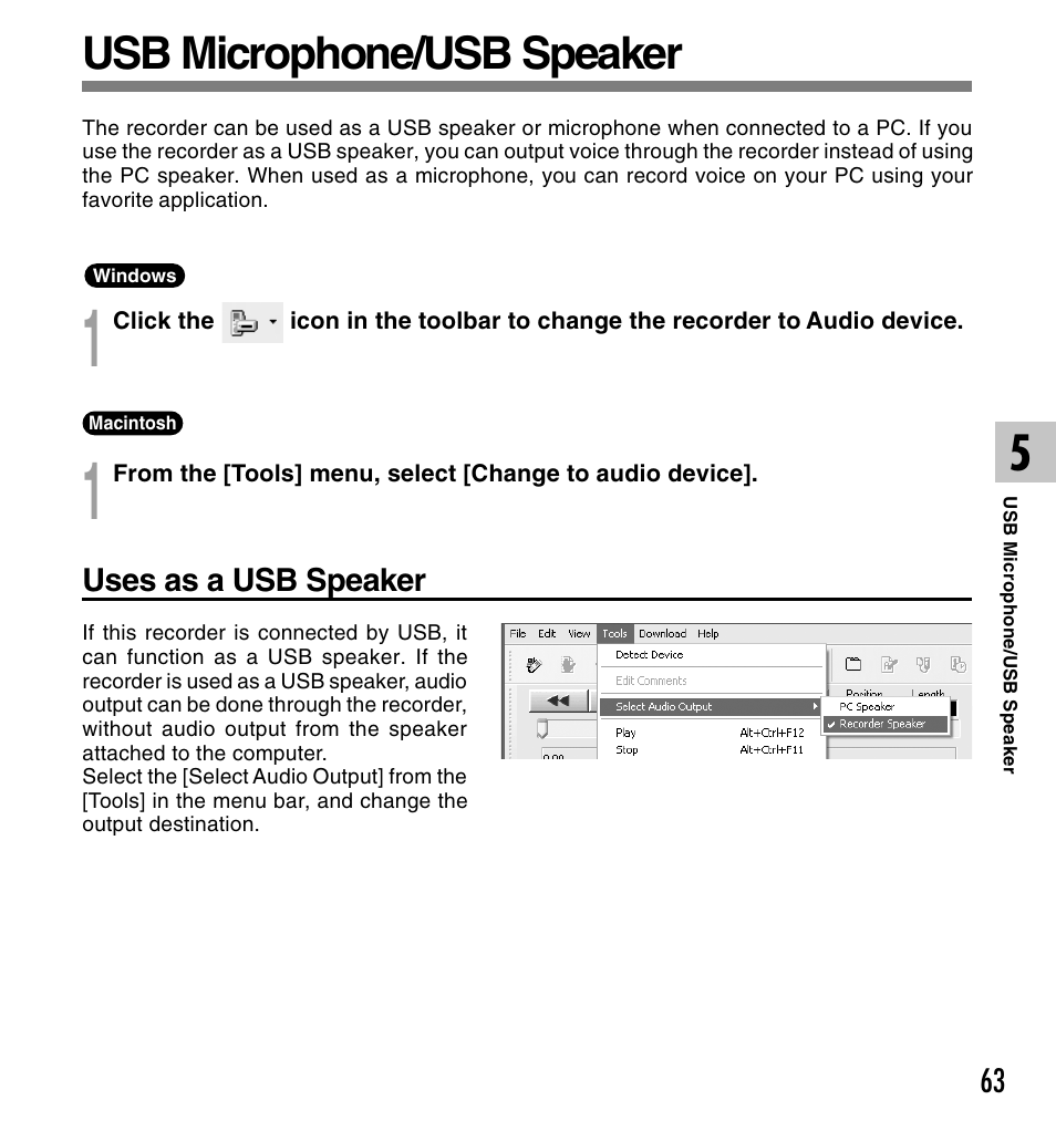 Usb microphone/usb speaker | Olympus DS-2300 User Manual | Page 63 / 86