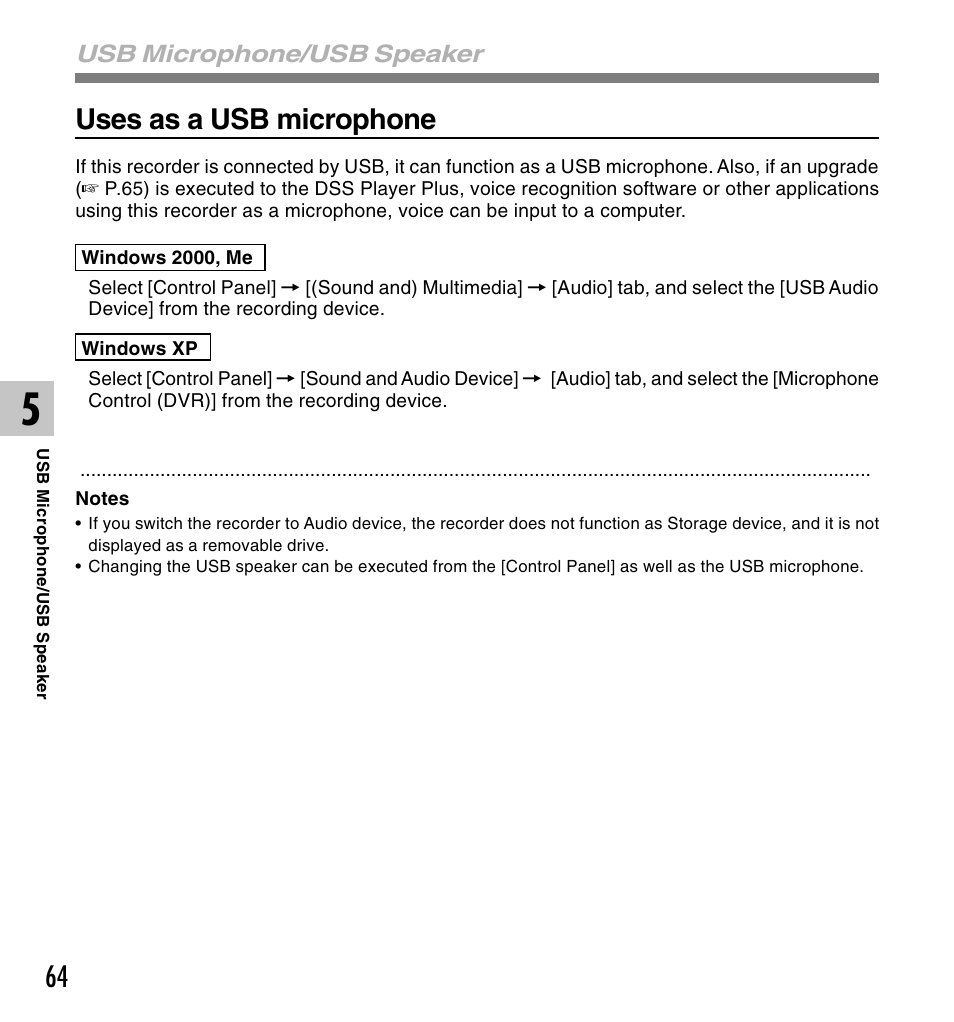 Uses as a usb microphone | Olympus DS-2300 User Manual | Page 64 / 86