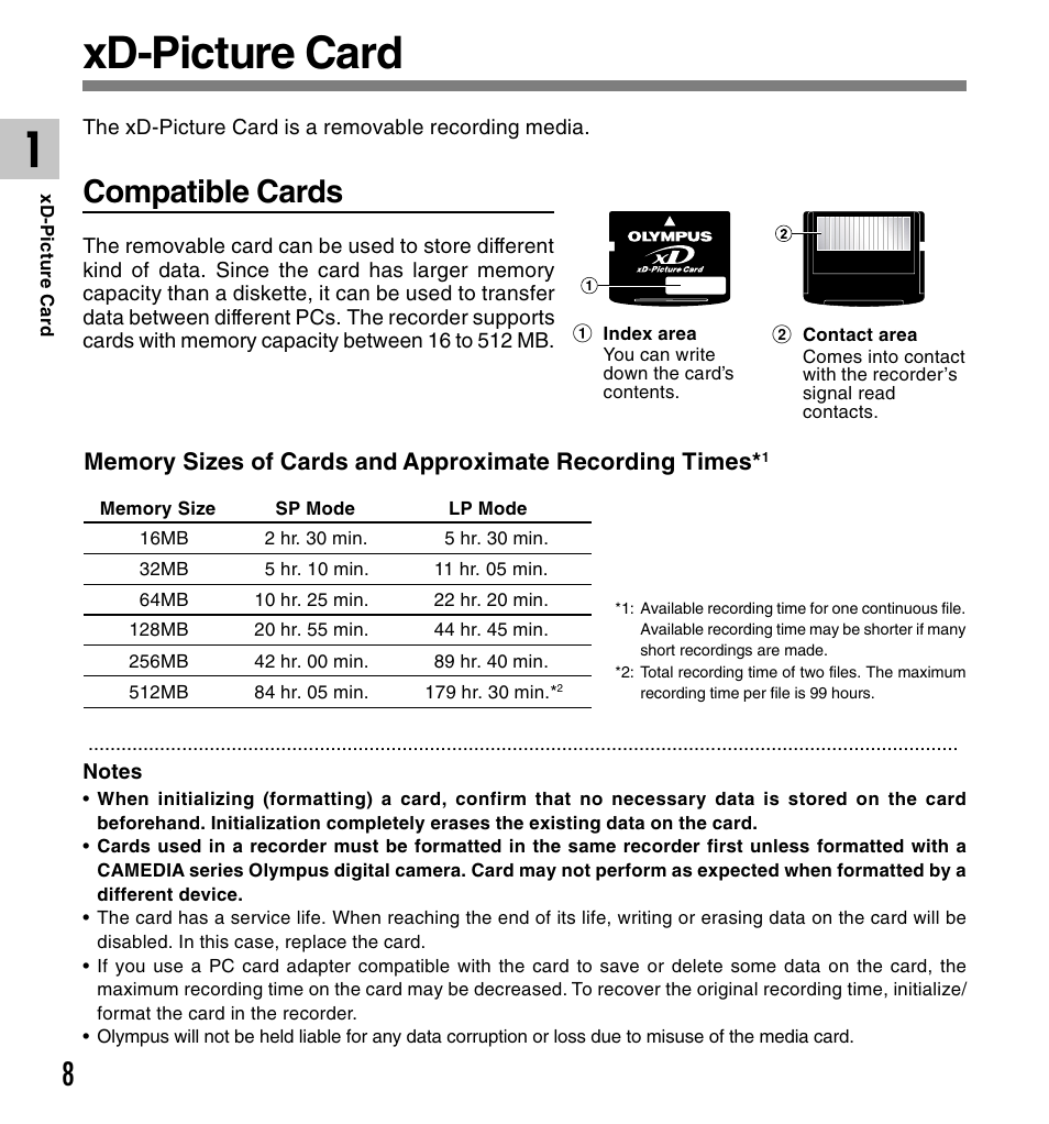 Xd-picture card, Compatible cards | Olympus DS-2300 User Manual | Page 8 / 86