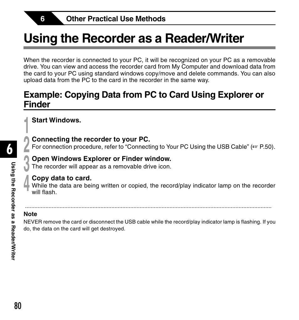 Using the recorder as a reader/writer | Olympus DS-2300 User Manual | Page 80 / 86