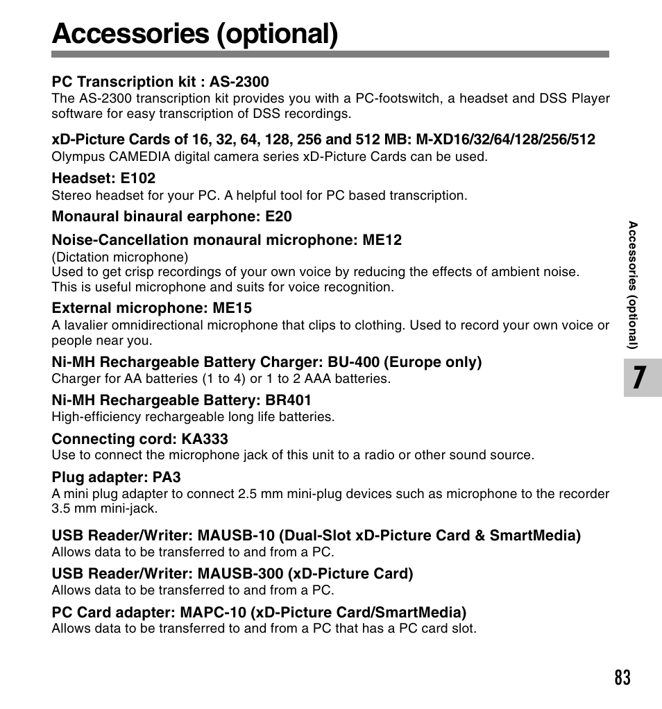 Accessories (optional) | Olympus DS-2300 User Manual | Page 83 / 86