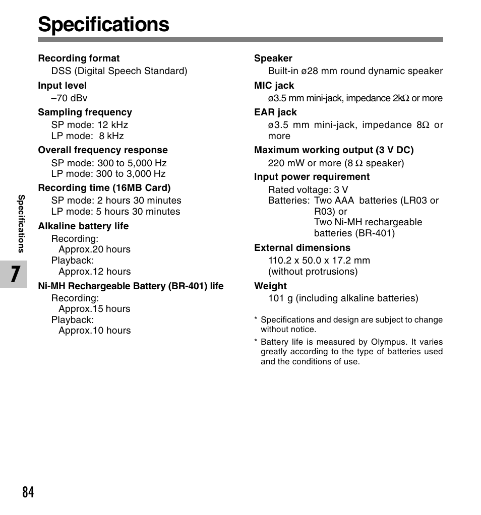 Specifications | Olympus DS-2300 User Manual | Page 84 / 86