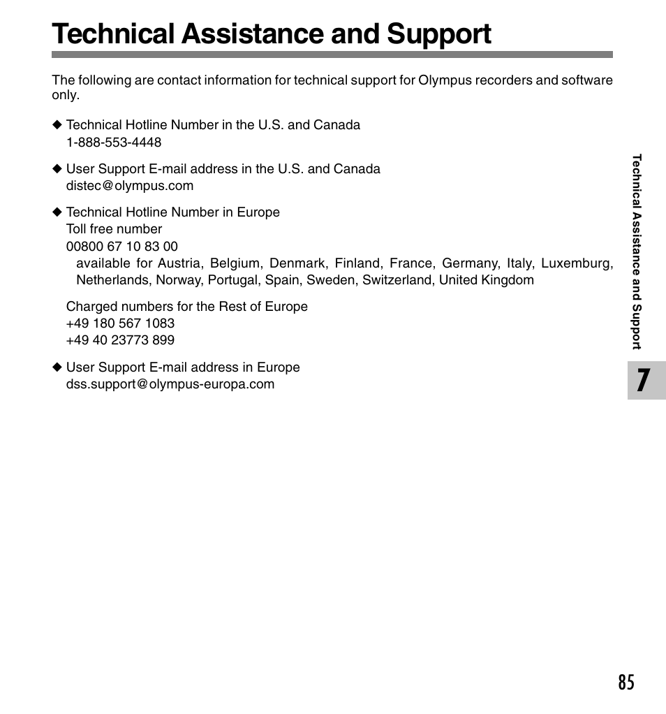 Technical assistance and support | Olympus DS-2300 User Manual | Page 85 / 86