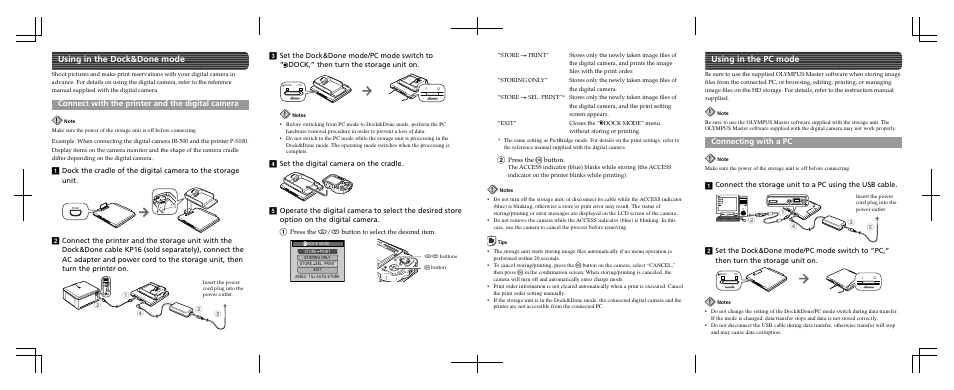 Using in the dock&done mode, Using in the pc mode, Connect with the printer and the digital camera | Connecting with a pc | Olympus S-HD-100 User Manual | Page 2 / 2