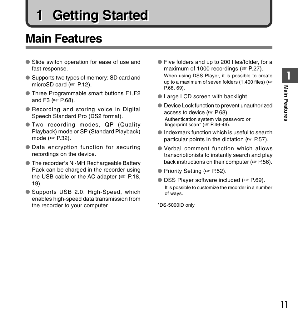 1 getting started, Main features | Olympus DS-5000 User Manual | Page 11 / 83