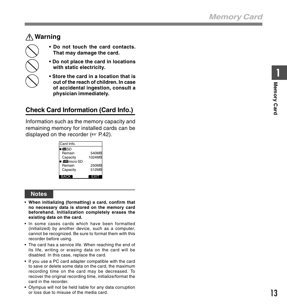 Warning, Check card information (card info.) | Olympus DS-5000 User Manual | Page 13 / 83