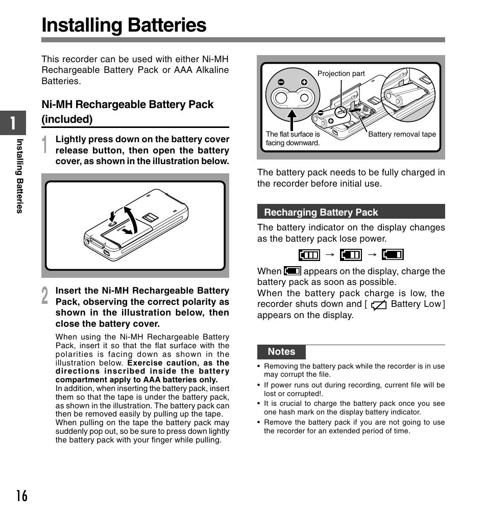 Installing batteries | Olympus DS-5000 User Manual | Page 16 / 83