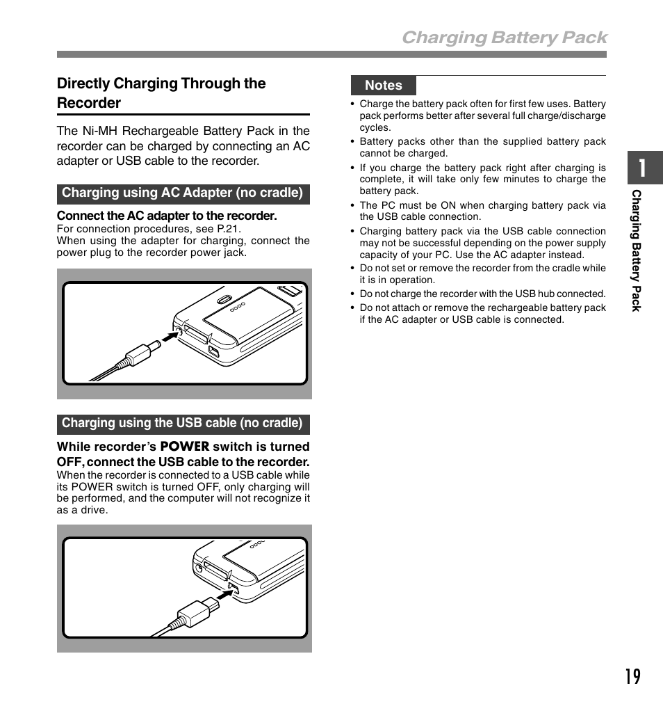 Charging battery pack, Directly charging through the recorder | Olympus DS-5000 User Manual | Page 19 / 83