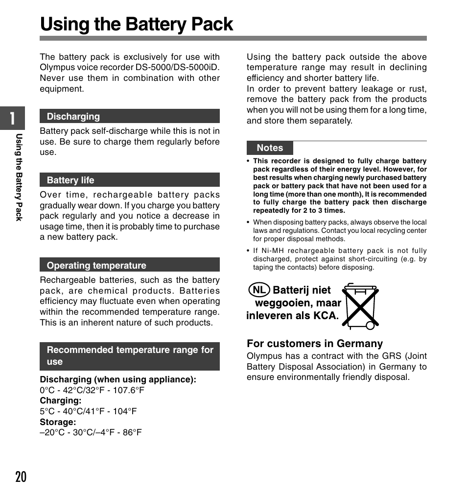 Using the battery pack | Olympus DS-5000 User Manual | Page 20 / 83