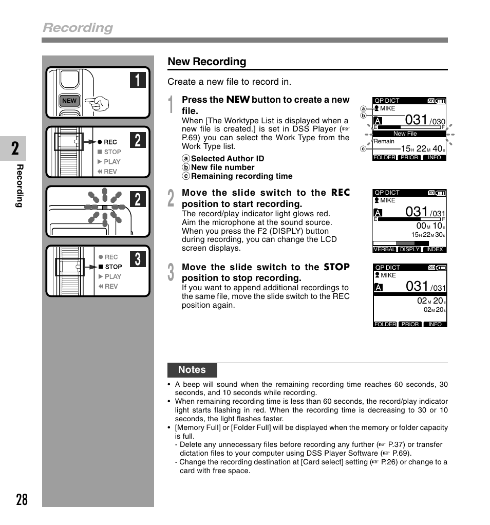 Recording, New recording | Olympus DS-5000 User Manual | Page 28 / 83