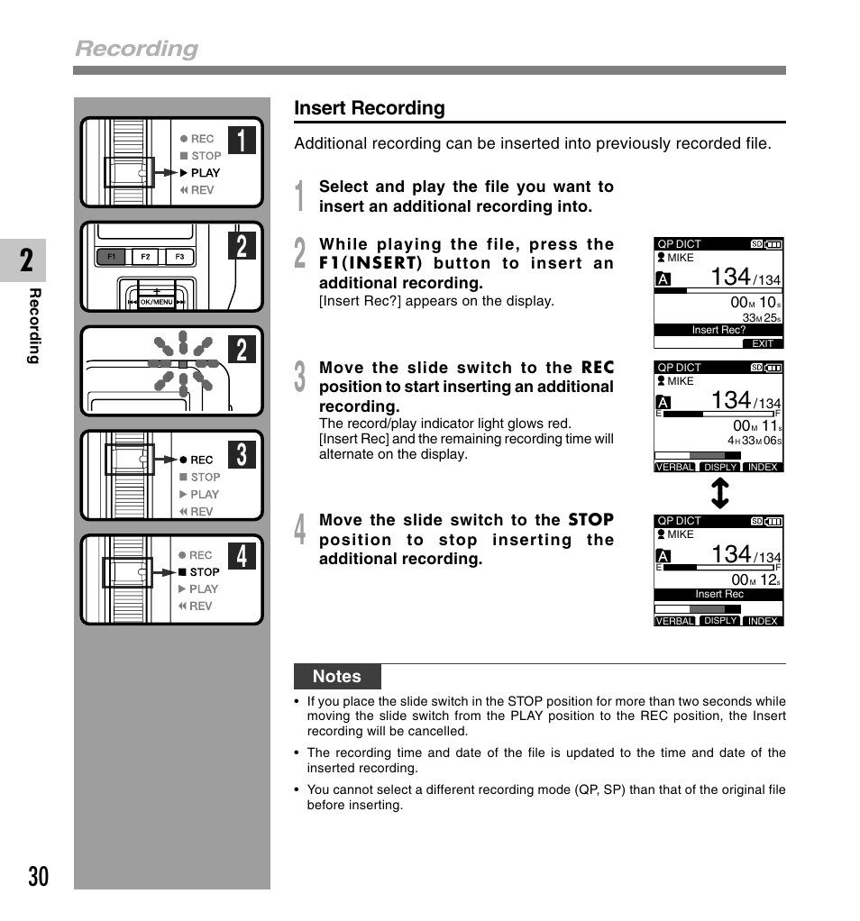Recording, Insert recording | Olympus DS-5000 User Manual | Page 30 / 83