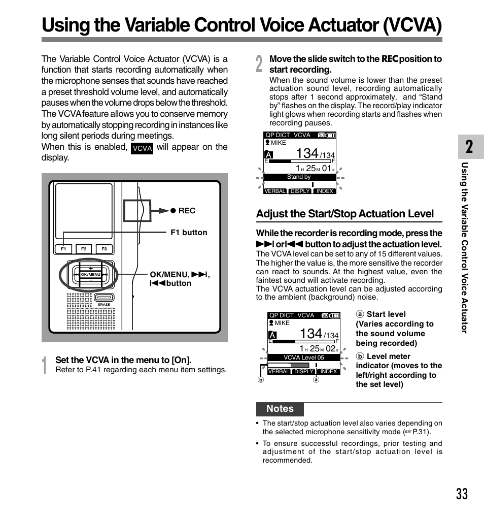 Using the variable control voice actuator (vcva), Adjust the start/stop actuation level | Olympus DS-5000 User Manual | Page 33 / 83