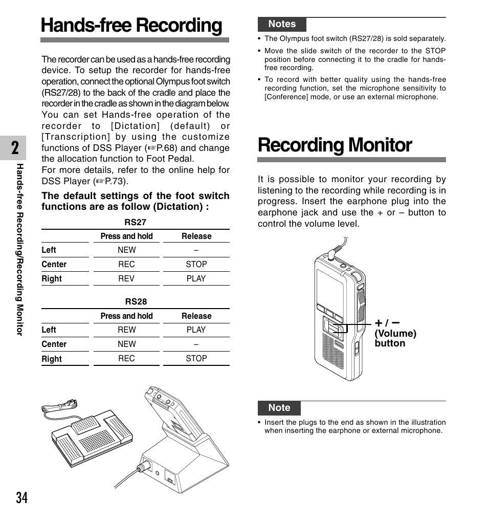 Hands-free recording, Recording monitor | Olympus DS-5000 User Manual | Page 34 / 83