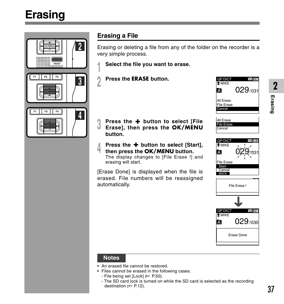 Erasing | Olympus DS-5000 User Manual | Page 37 / 83