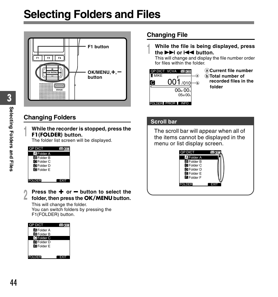 Selecting folders and files, Changing folders, Changing file | Olympus DS-5000 User Manual | Page 44 / 83