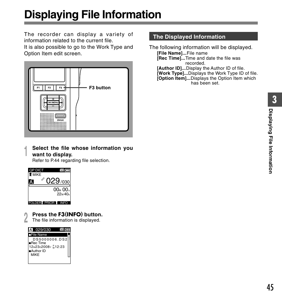 Displaying file information | Olympus DS-5000 User Manual | Page 45 / 83