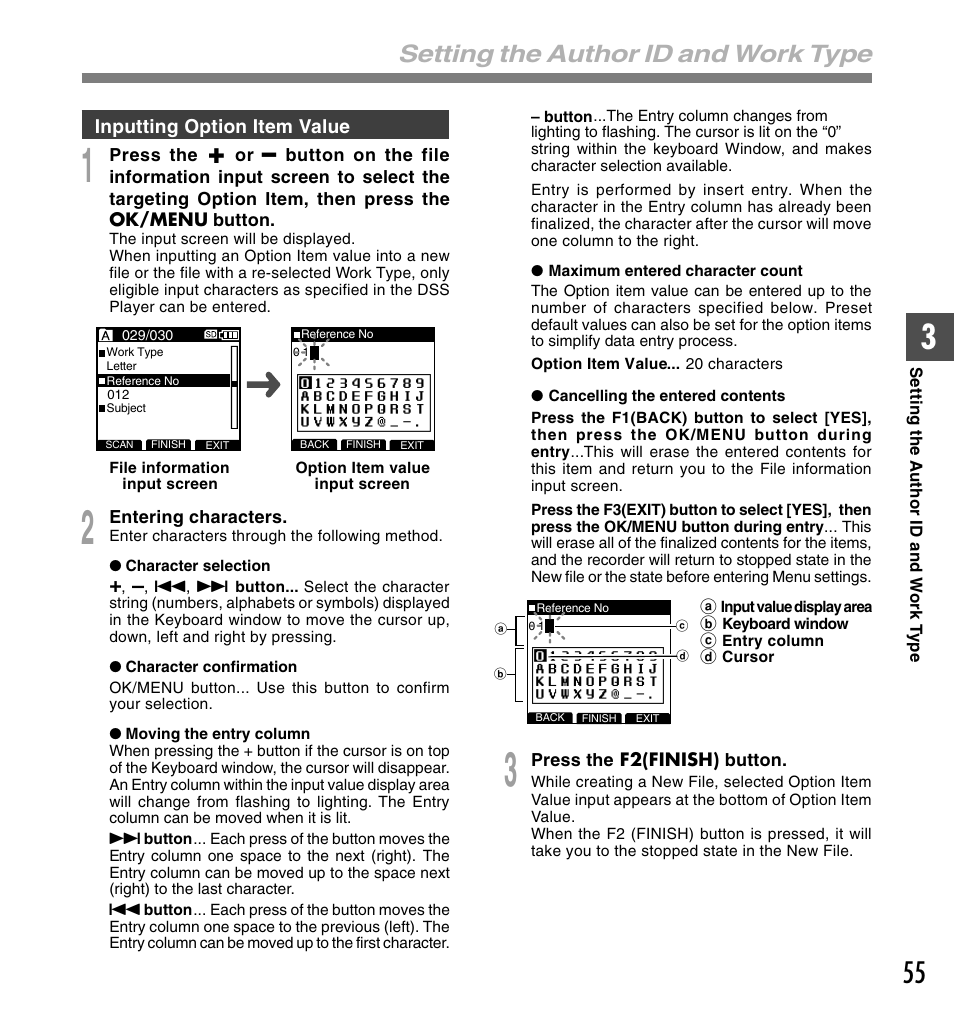 Setting the author id and work type | Olympus DS-5000 User Manual | Page 55 / 83