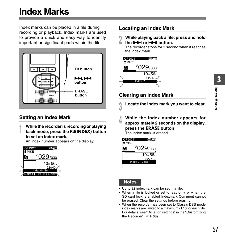 Index marks, Setting an index mark, Locating an index mark | Clearing an index mark | Olympus DS-5000 User Manual | Page 57 / 83