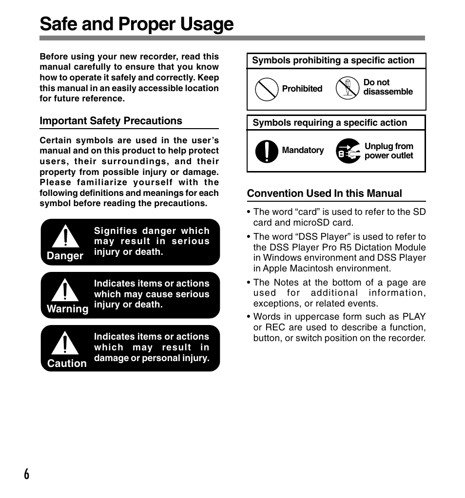 Safe and proper usage | Olympus DS-5000 User Manual | Page 6 / 83