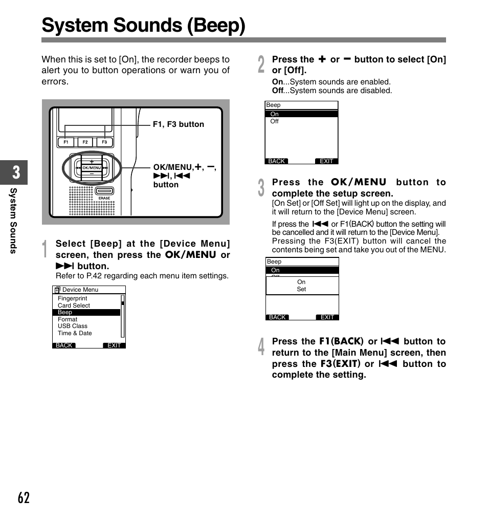 System sounds (beep) | Olympus DS-5000 User Manual | Page 62 / 83