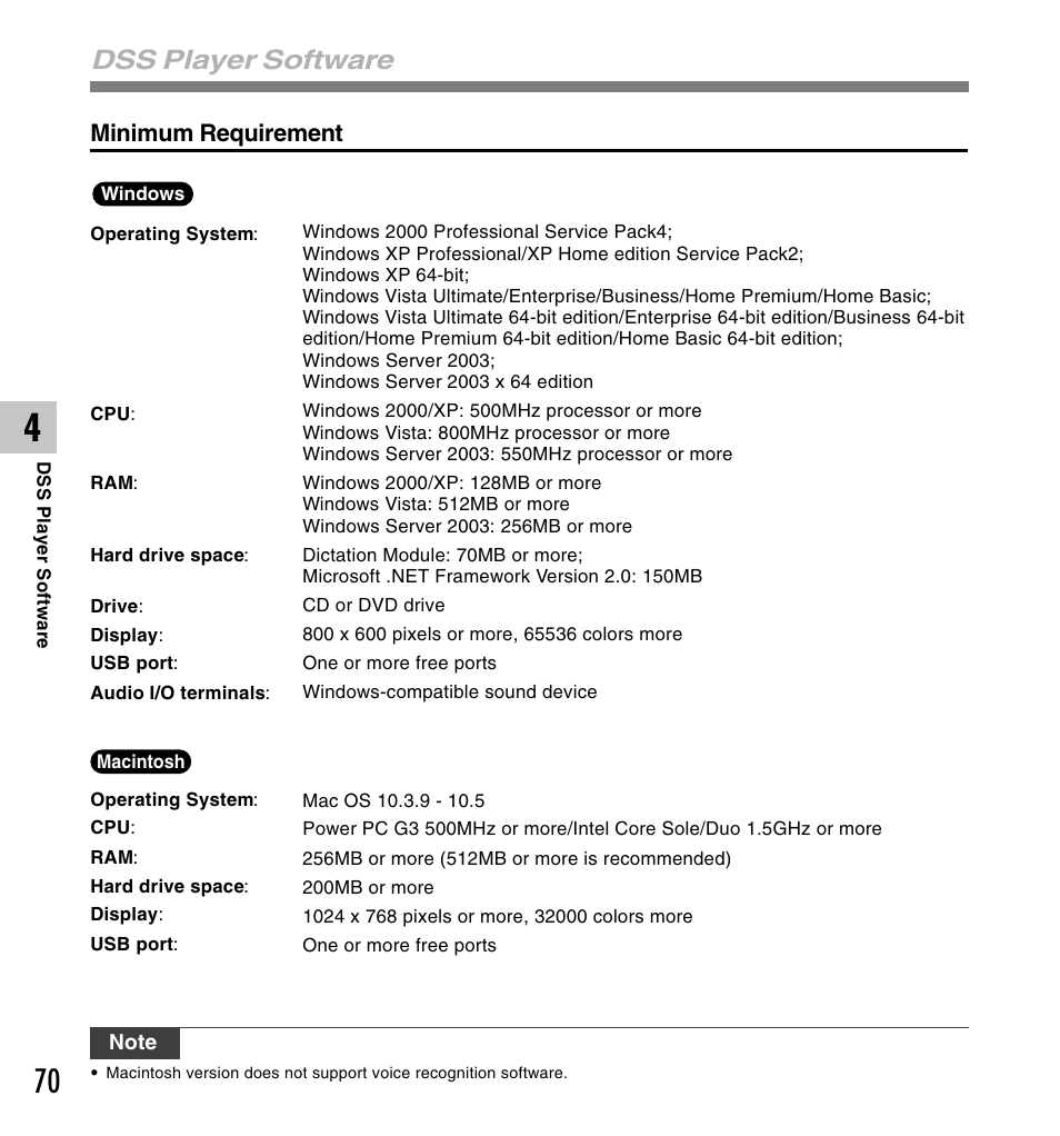 Dss player software, Minimum requirement | Olympus DS-5000 User Manual | Page 70 / 83