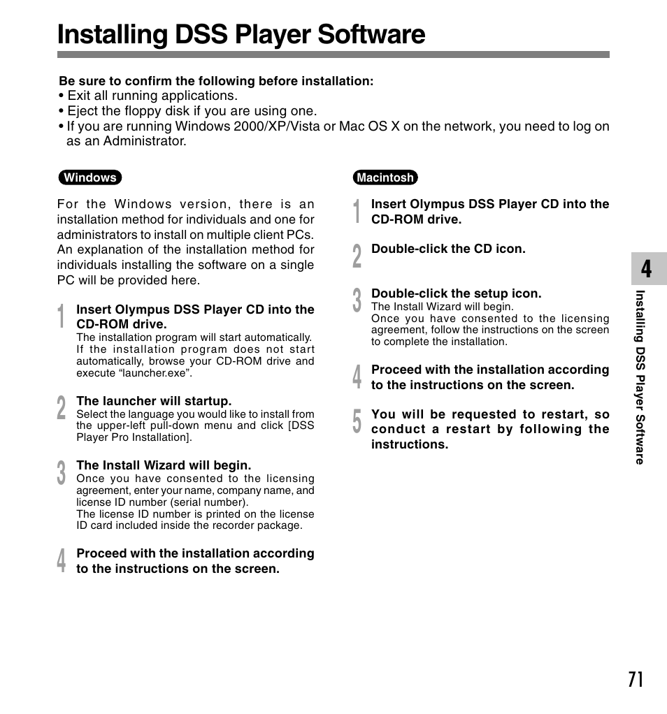 Installing dss player software | Olympus DS-5000 User Manual | Page 71 / 83