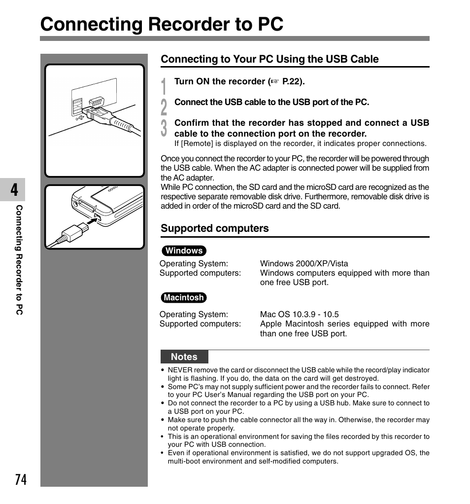 Connecting recorder to pc | Olympus DS-5000 User Manual | Page 74 / 83