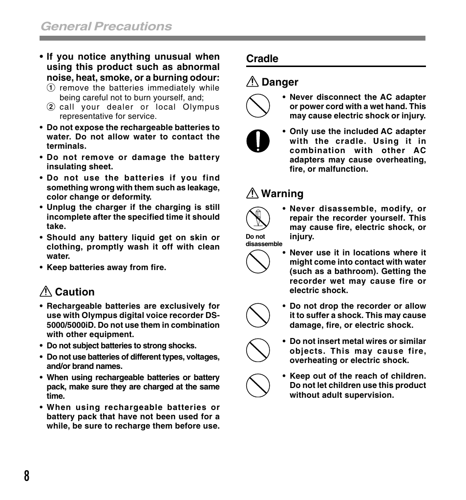 General precautions, Cradle danger, Warning | Caution | Olympus DS-5000 User Manual | Page 8 / 83