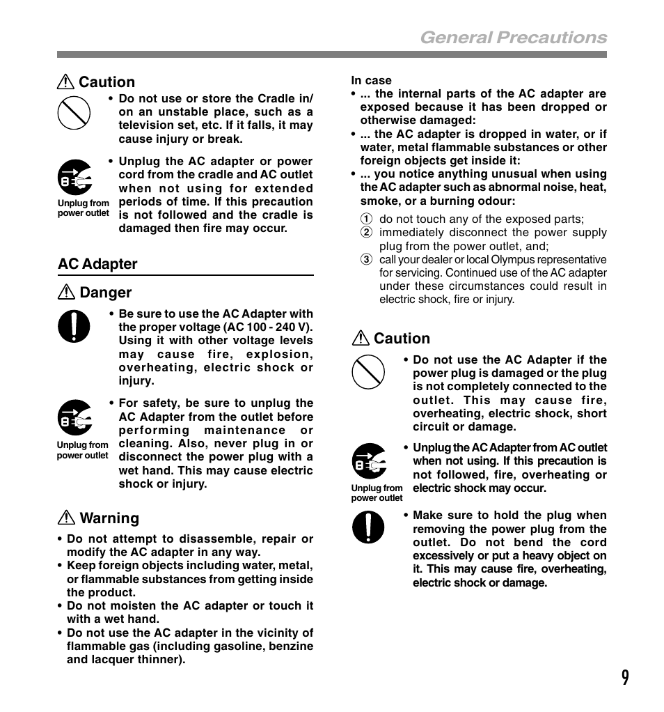 General precautions, Caution, Ac adapter danger | Warning | Olympus DS-5000 User Manual | Page 9 / 83