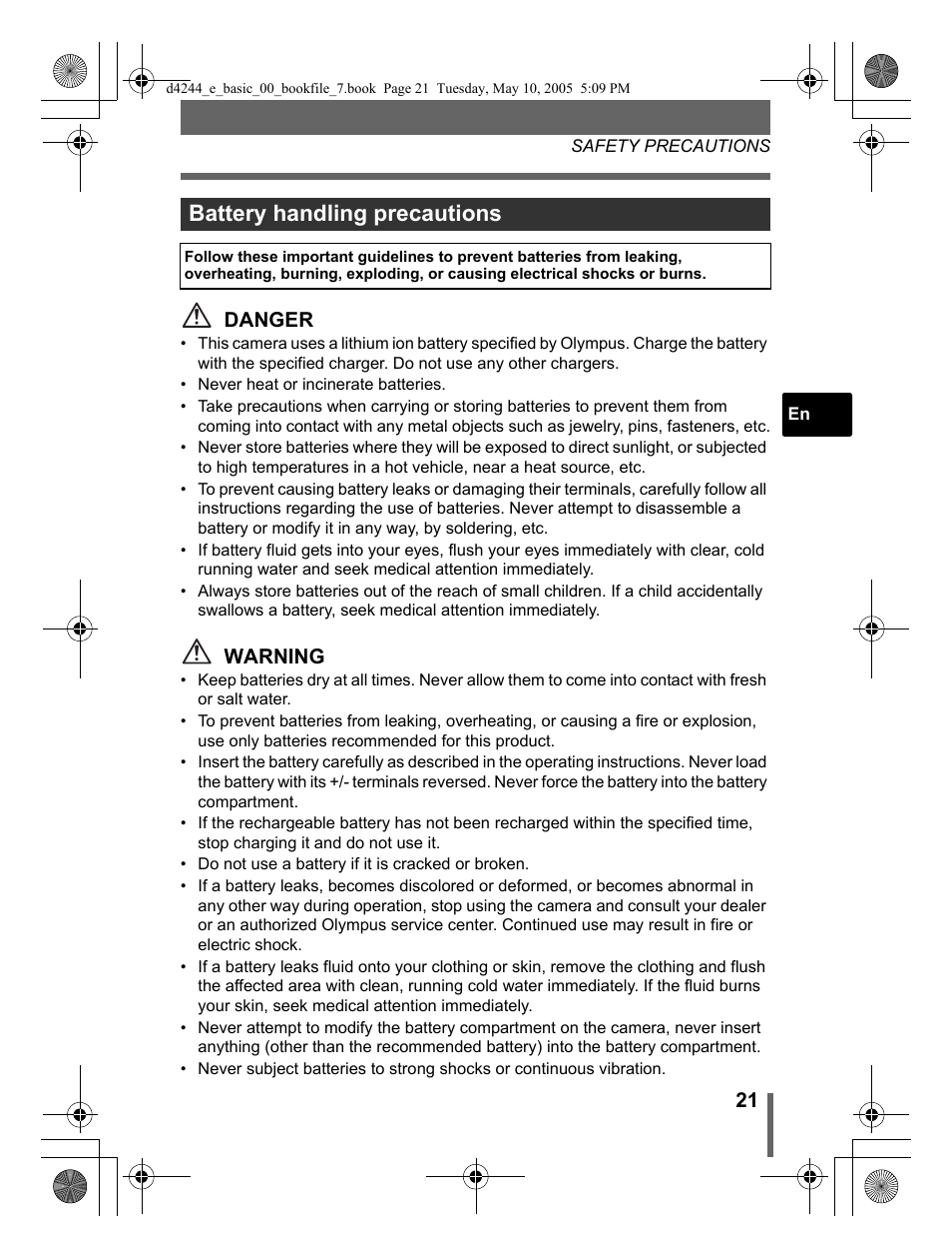 Battery handling precautions, Danger, Warning | Olympus STYLUS 800 User Manual | Page 21 / 92