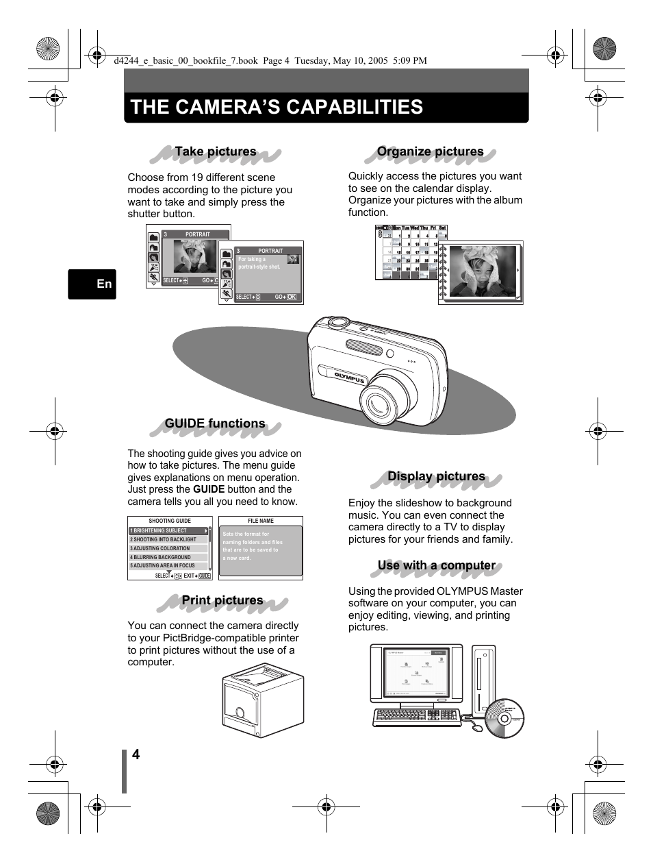 The camera’s capabilities | Olympus STYLUS 800 User Manual | Page 4 / 92