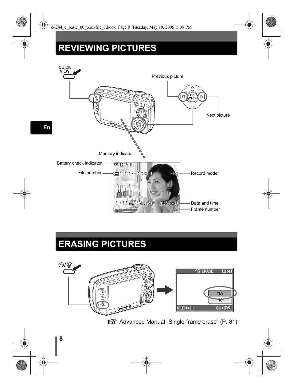 Reviewing pictures, Erasing pictures | Olympus STYLUS 800 User Manual | Page 8 / 92