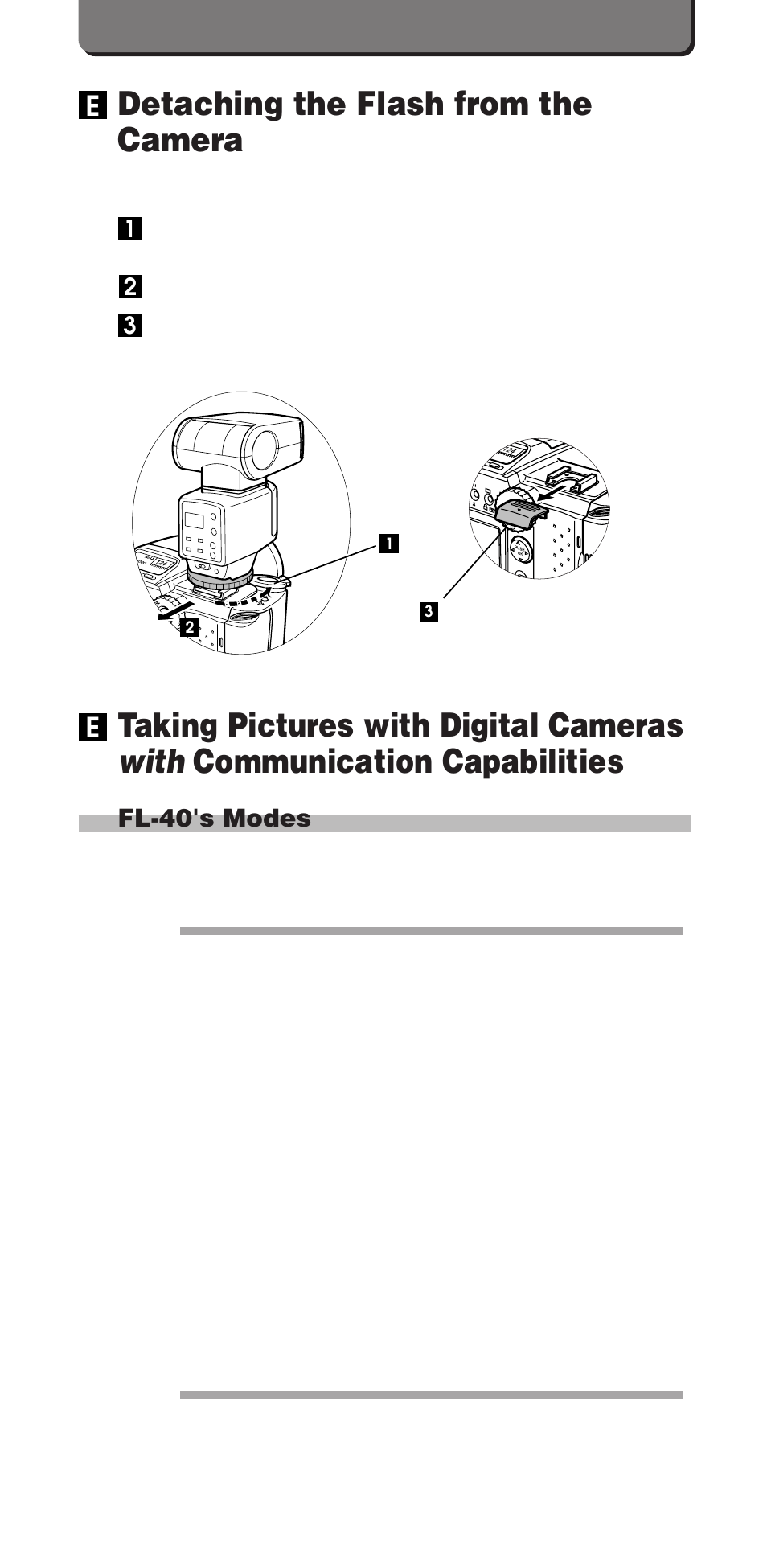 Detaching the flash from the camera, 52 e, Fl-40's modes | Olympus FL-40 User Manual | Page 12 / 25