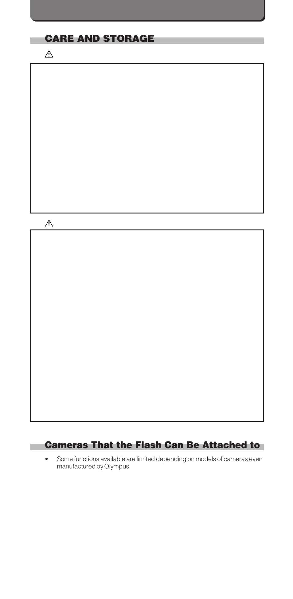 Care and storage, Cameras that the flash can be attached to | Olympus FL-40 User Manual | Page 6 / 25