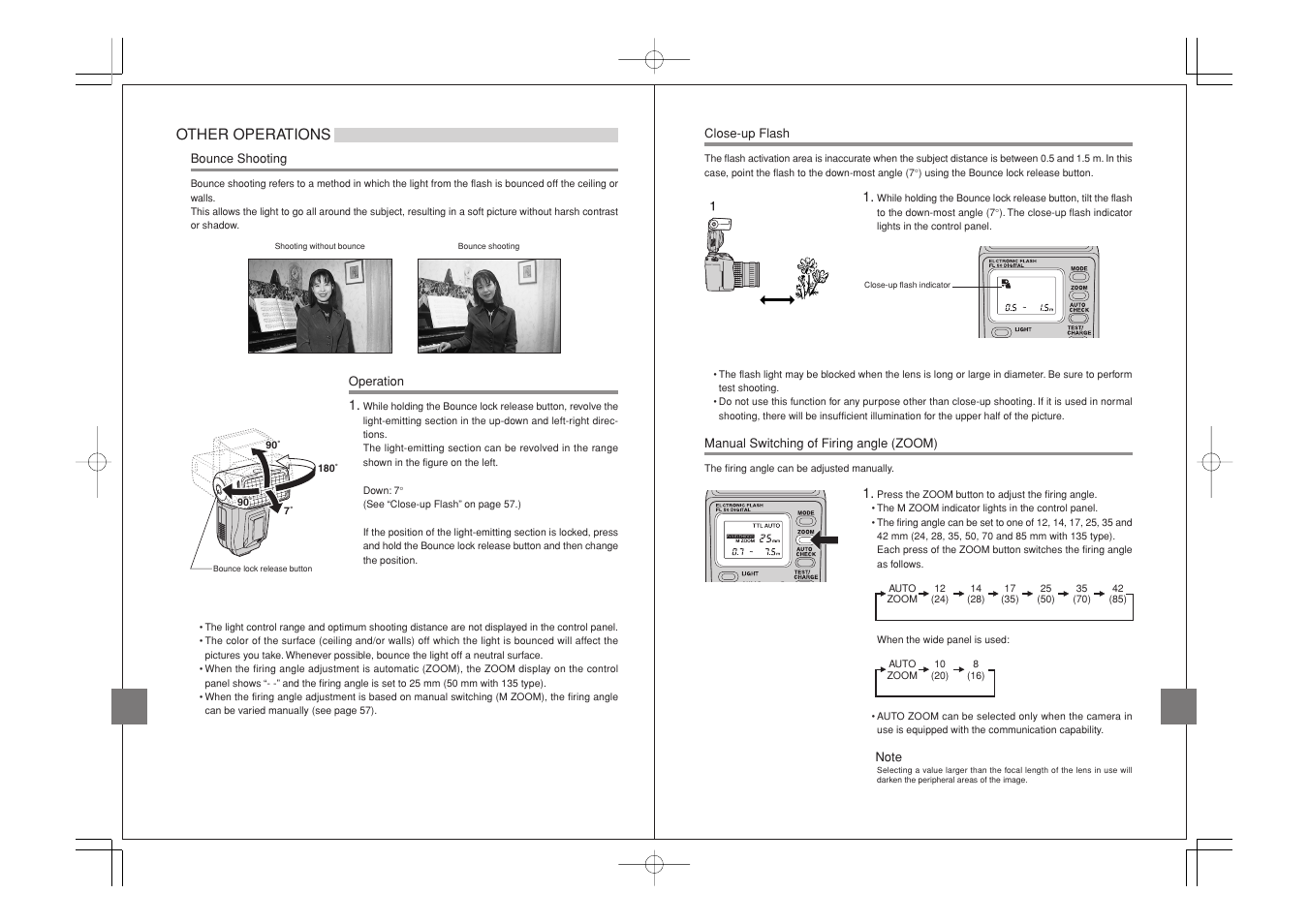 Other operations, Bounce shooting, Close-up flash | Manual switching of firing angle (zoom) | Olympus FL-50 User Manual | Page 12 / 18